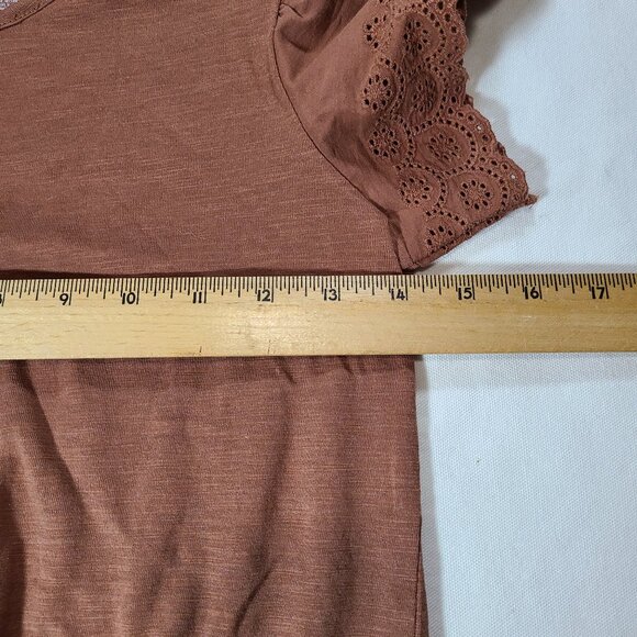 Lucky Brand Rust V-Neck Tie Waist Tee Eyelet Sleeves Size M 8-10 Boho Chic - Picture 3 of 4